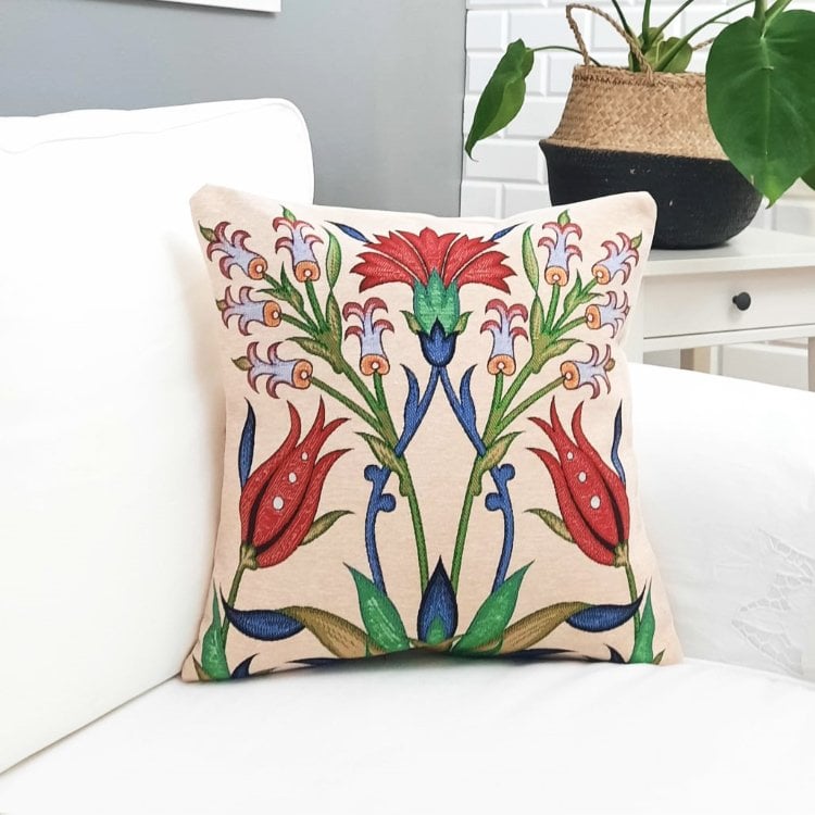 Goblen Dokuma Kırlent Kılıfı Çini Motifli 43x43cm