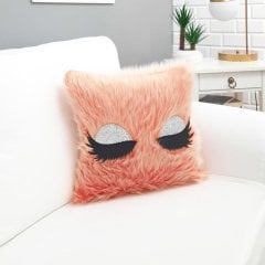 Peluş Kirpik Kırlent Kılıfı Gül Kurusu 40x40cm