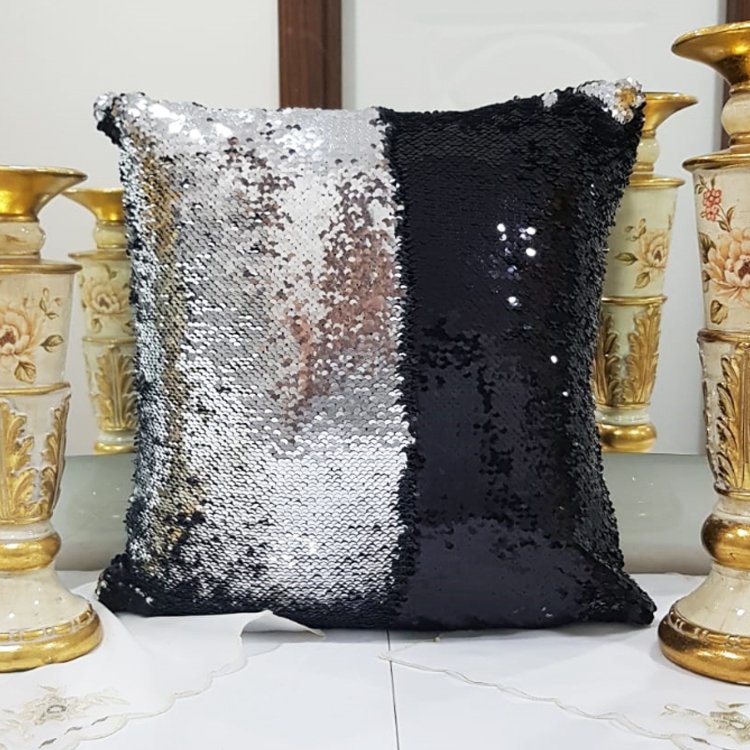 Pul Payetli Kırlent Kılıfı Çift Renkli