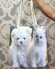Kedi ve Köpek Baskılı Kumaş Heybe Çanta
