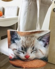 Kedi Baskılı Kumaş Heybe Çanta