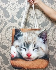 Kedi Baskılı Kumaş Heybe Çanta