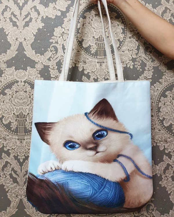 Kedi Baskılı Kumaş Heybe Çanta
