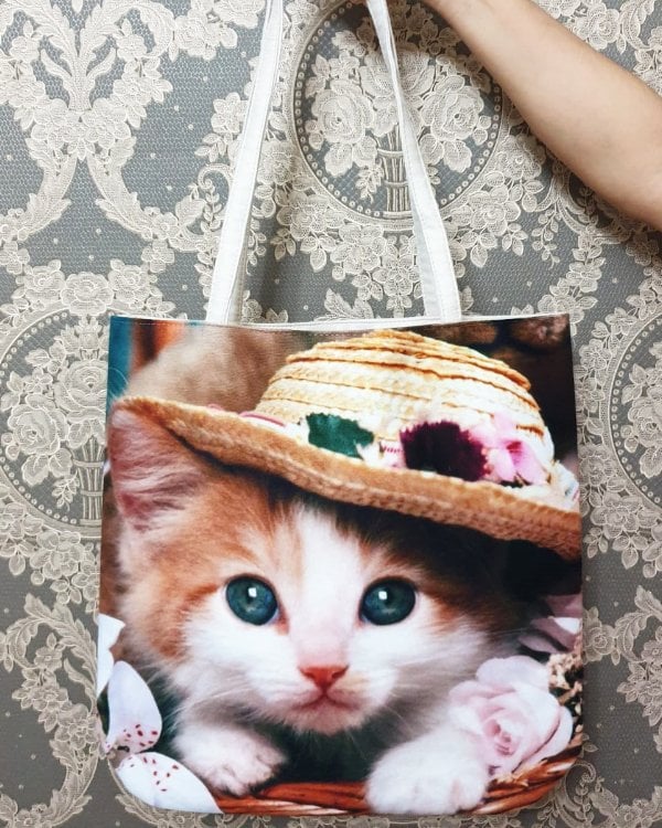 Kedi Baskılı Kumaş Heybe Çanta