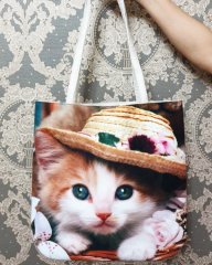 Kedi Baskılı Kumaş Heybe Çanta