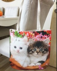 Kedi Baskılı Kumaş Heybe Çanta