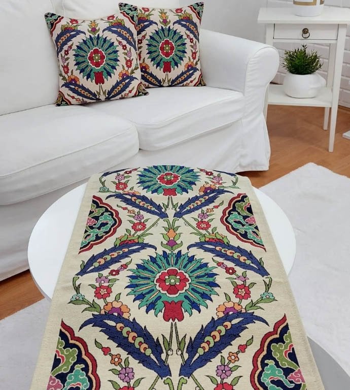 Goblen Dokuma Kırlent Kılıfı ve Runner 2+1 Set