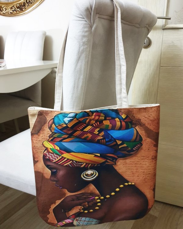 Afrikalı Kadın Baskılı Kumaş Heybe Çanta