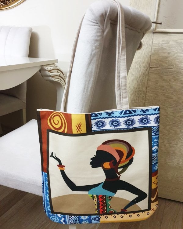 Afrikalı Kadın Baskılı Kumaş Heybe Çanta