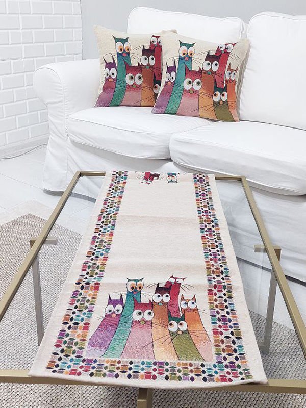Goblen Dokuma Kırlent Kılıfı ve Runner 2+1 Set