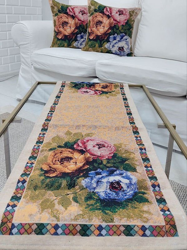 Goblen Dokuma Kırlent Kılıfı ve Runner 2+1 Set