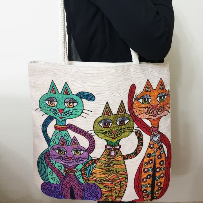 Kedi Goblen Dokuma Kumaş Heybe Çanta