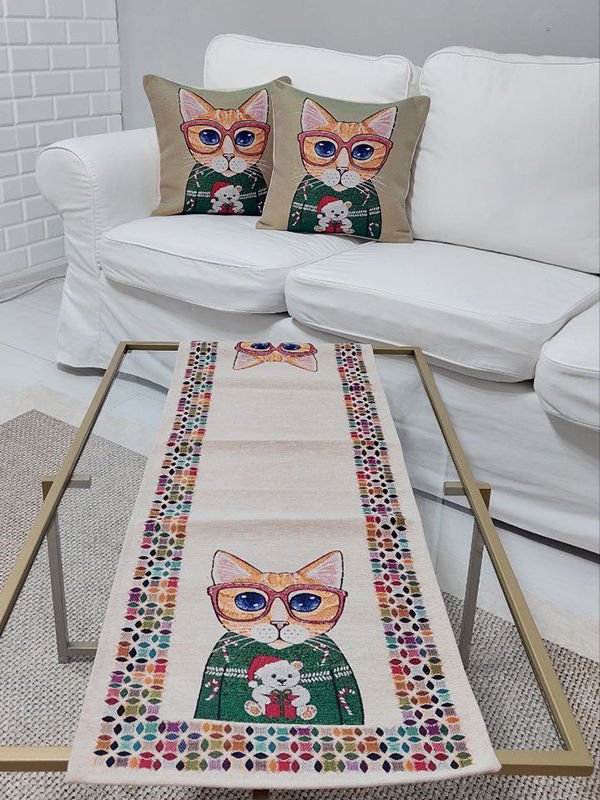 Goblen Dokuma Kırlent Kılıfı ve Runner 2+1 Set