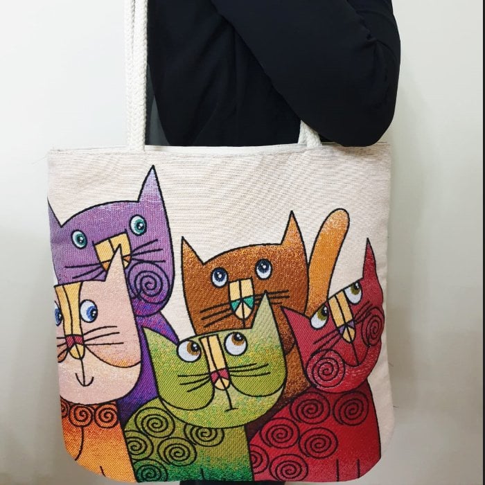 Kedi Goblen Dokuma Kumaş Heybe Çanta
