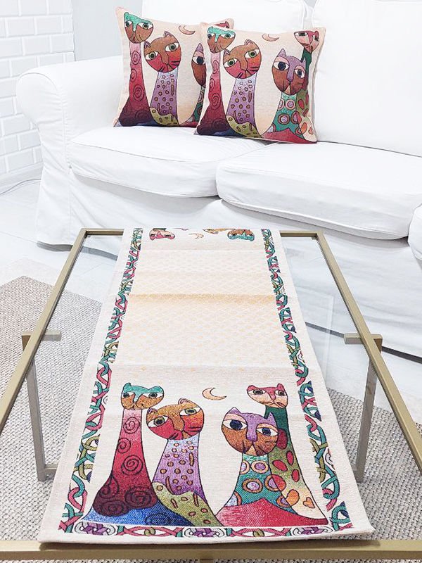 Goblen Dokuma Kırlent Kılıfı ve Runner 2+1 Set