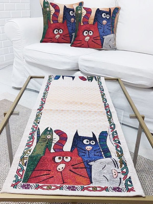 Goblen Dokuma Kırlent Kılıfı ve Runner 2+1 Set